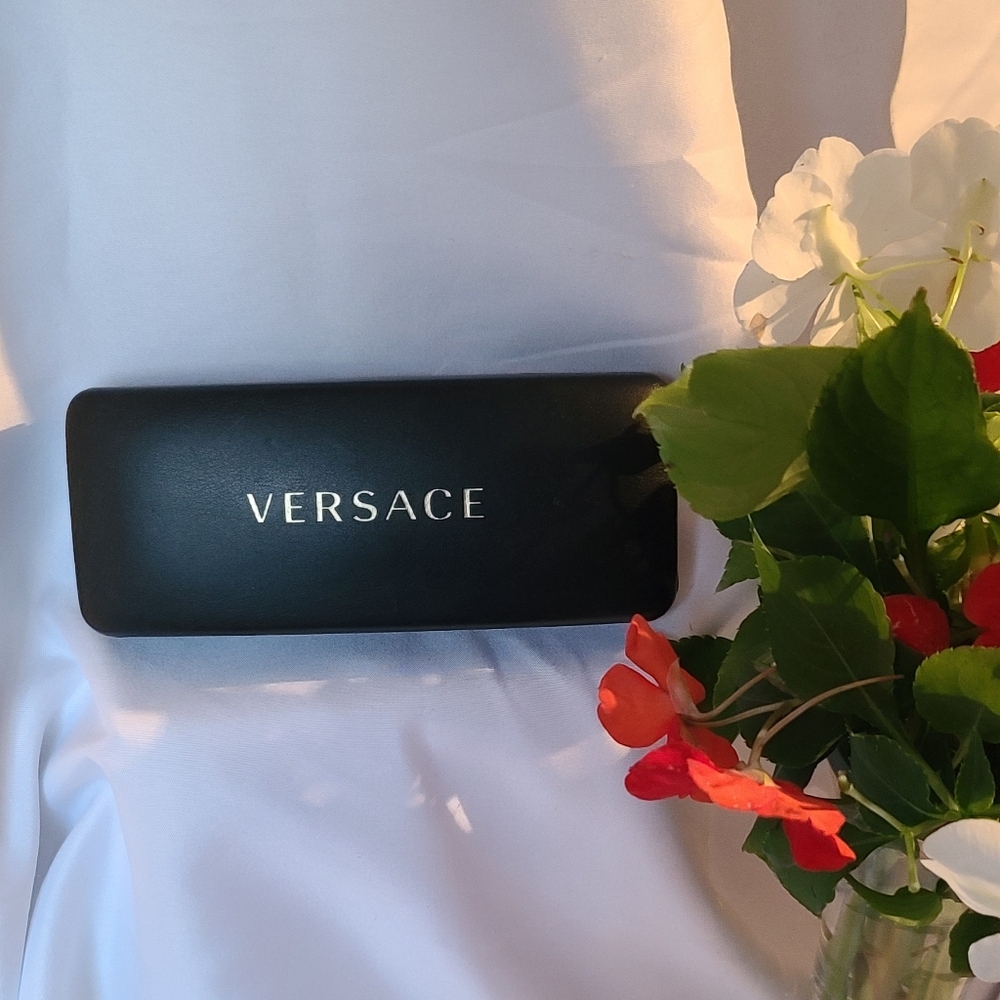 VERSACE Black Faux Leather Gold Logo Hard Clam Shell Sunglasses Glasses…